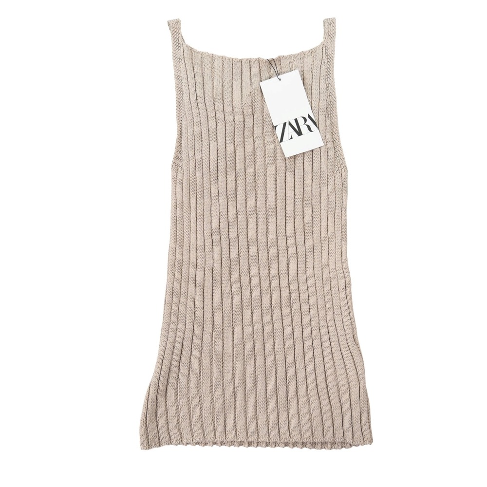 Zara Women Ribbed Knit Beige Sleeveless Square Neck Tank Top Size M